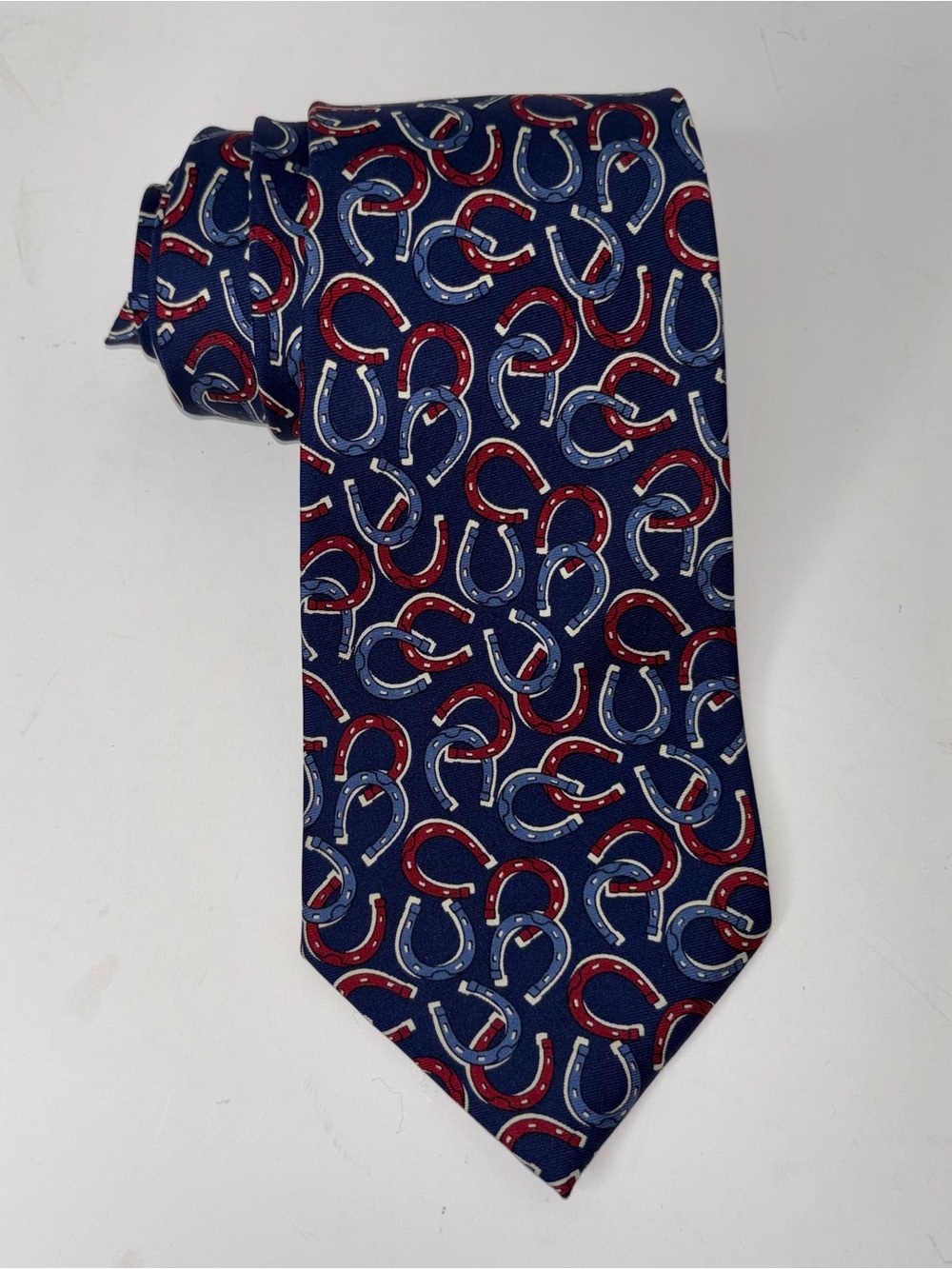 Polo Ralph Lauren USA Hand Made Silk Necktie Blue Red Horseshoe Pattern Classic